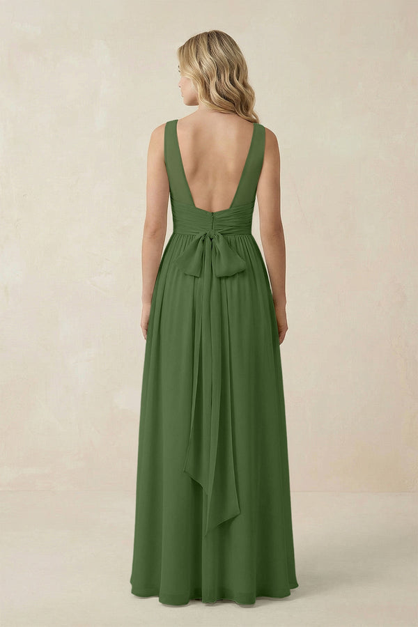 V - Neck A - Line Bridesmaid Dress with Back Bow in Moss - KissProm Bridesmaid Dresses