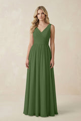 V - Neck A - Line Bridesmaid Dress with Back Bow in Moss - KissProm Bridesmaid Dresses
