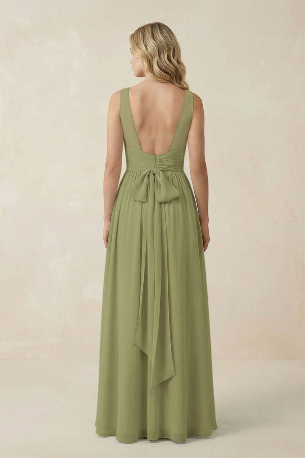 V - Neck A - Line Bridesmaid Dress with Back Bow in Moss Green - KissProm Bridesmaid Dresses