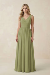 V - Neck A - Line Bridesmaid Dress with Back Bow in Moss Green - KissProm Bridesmaid Dresses