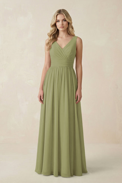 V - Neck A - Line Bridesmaid Dress with Back Bow in Moss Green - KissProm Bridesmaid Dresses