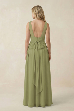 V - Neck A - Line Bridesmaid Dress with Back Bow in Moss Green - KissProm Bridesmaid Dresses