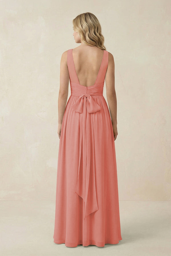 V - Neck A - Line Bridesmaid Dress with Back Bow in Mulberry - KissProm Bridesmaid Dresses