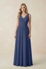 V - Neck A - Line Bridesmaid Dress with Back Bow in Navy - KissProm Bridesmaid Dresses