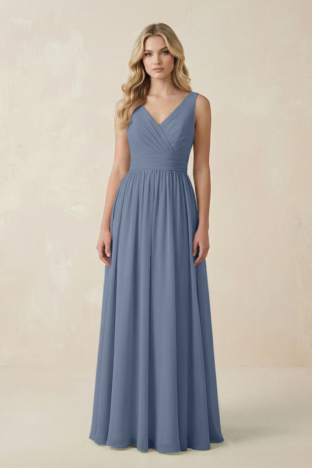 V - Neck A - Line Bridesmaid Dress with Back Bow in Neptune - KissProm Bridesmaid Dresses