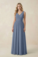 V - Neck A - Line Bridesmaid Dress with Back Bow in Neptune - KissProm Bridesmaid Dresses