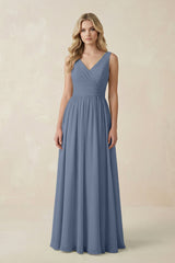 V - Neck A - Line Bridesmaid Dress with Back Bow in Neptune - KissProm Bridesmaid Dresses