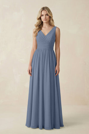 V - Neck A - Line Bridesmaid Dress with Back Bow in Neptune - KissProm Bridesmaid Dresses