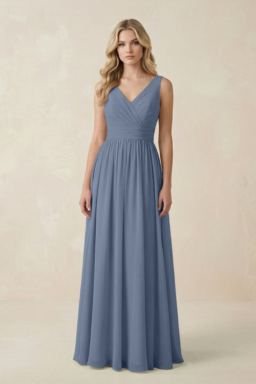 V - Neck A - Line Bridesmaid Dress with Back Bow in Neptune - KissProm Bridesmaid Dresses