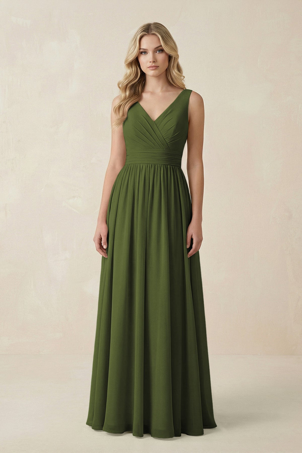 V - Neck A - Line Bridesmaid Dress with Back Bow in Olive - KissProm Bridesmaid Dresses