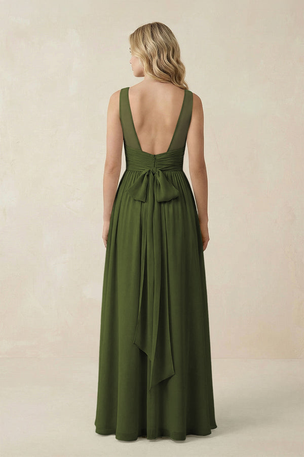 V - Neck A - Line Bridesmaid Dress with Back Bow in Olive - KissProm Bridesmaid Dresses