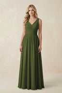 V - Neck A - Line Bridesmaid Dress with Back Bow in Olive - KissProm Bridesmaid Dresses