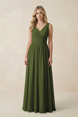 V - Neck A - Line Bridesmaid Dress with Back Bow in Olive - KissProm Bridesmaid Dresses