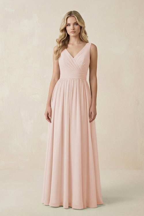 V - Neck A - Line Bridesmaid Dress with Back Bow in Pale Blush - KissProm Bridesmaid Dresses