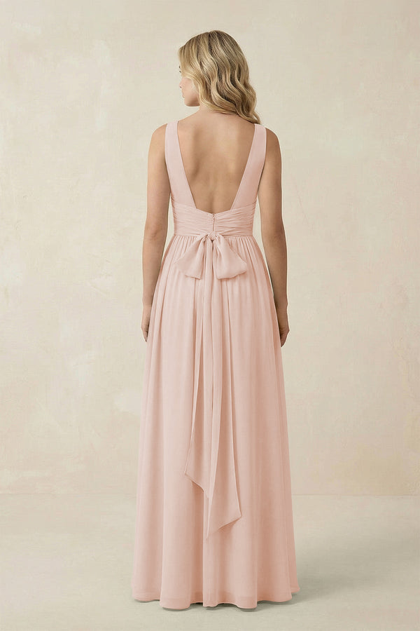 V - Neck A - Line Bridesmaid Dress with Back Bow in Pale Blush - KissProm Bridesmaid Dresses
