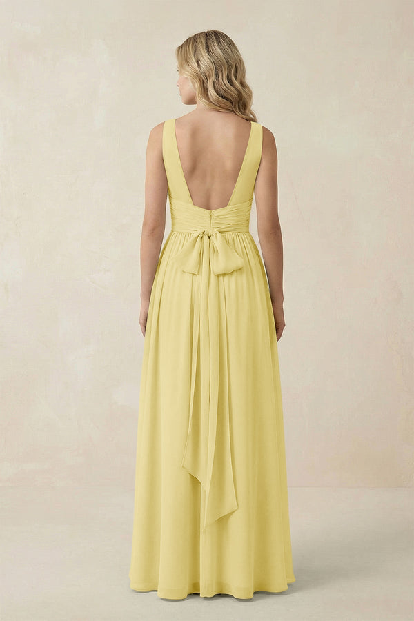 V - Neck A - Line Bridesmaid Dress with Back Bow in Pastel Yellow - KissProm Bridesmaid Dresses