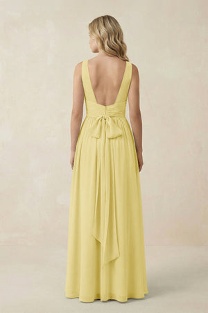V - Neck A - Line Bridesmaid Dress with Back Bow in Pastel Yellow - KissProm Bridesmaid Dresses