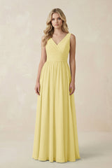 V - Neck A - Line Bridesmaid Dress with Back Bow in Pastel Yellow - KissProm Bridesmaid Dresses