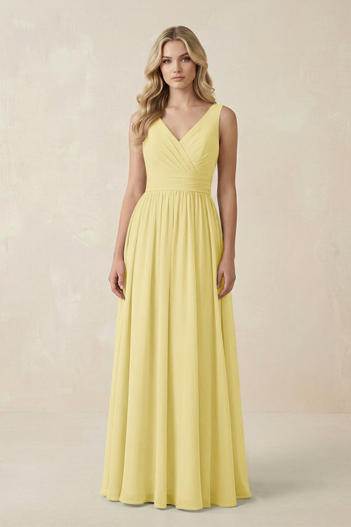 V - Neck A - Line Bridesmaid Dress with Back Bow in Pastel Yellow - KissProm Bridesmaid Dresses
