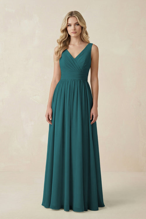 V - Neck A - Line Bridesmaid Dress with Back Bow in Pine - KissProm Bridesmaid Dresses