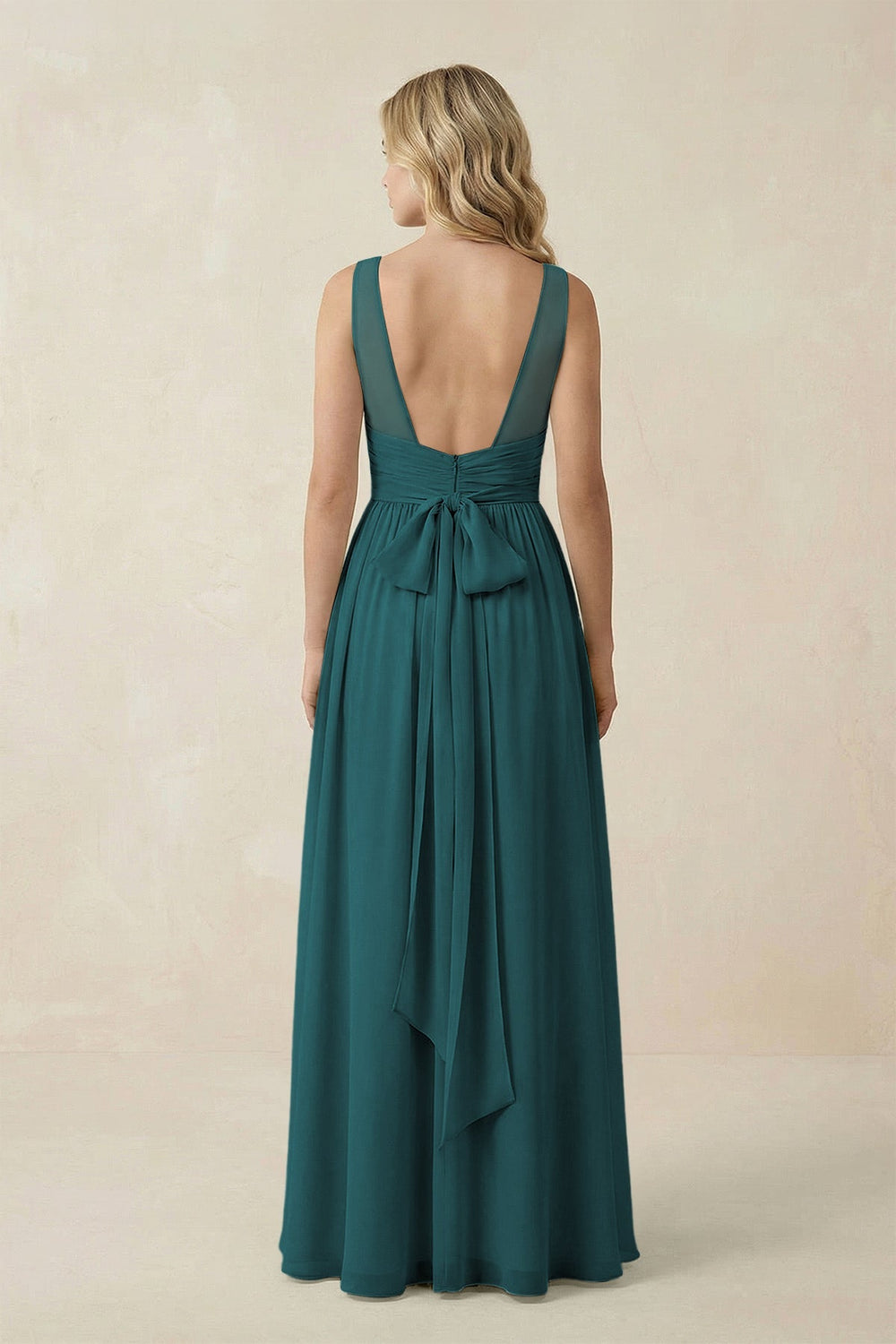 V - Neck A - Line Bridesmaid Dress with Back Bow in Pine - KissProm Bridesmaid Dresses