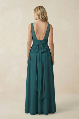 V - Neck A - Line Bridesmaid Dress with Back Bow in Pine - KissProm Bridesmaid Dresses