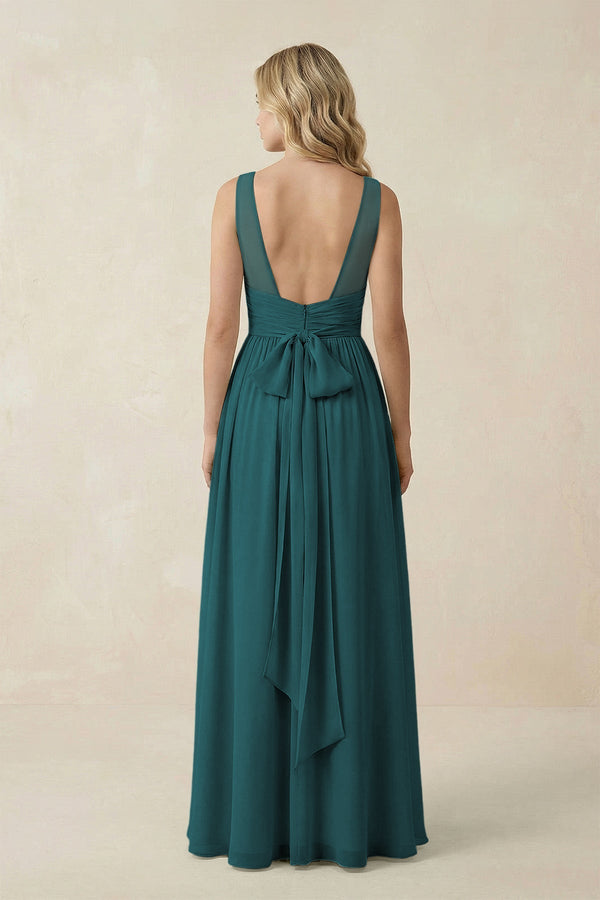 V - Neck A - Line Bridesmaid Dress with Back Bow in Pine - KissProm Bridesmaid Dresses