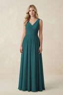 V - Neck A - Line Bridesmaid Dress with Back Bow in Pine - KissProm Bridesmaid Dresses