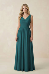 V - Neck A - Line Bridesmaid Dress with Back Bow in Pine - KissProm Bridesmaid Dresses