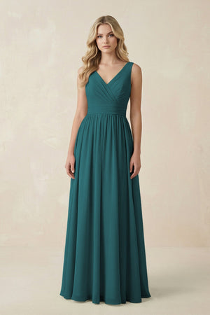V - Neck A - Line Bridesmaid Dress with Back Bow in Pine - KissProm Bridesmaid Dresses