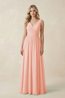 V - Neck A - Line Bridesmaid Dress with Back Bow in Rose Petal - KissProm Bridesmaid Dresses