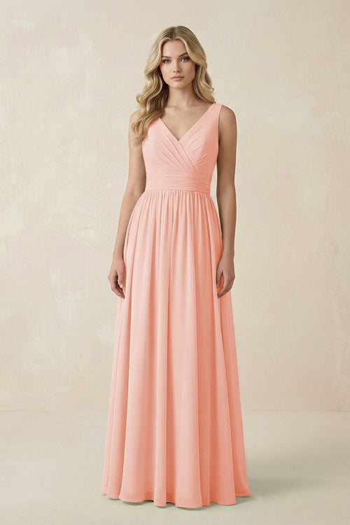 V - Neck A - Line Bridesmaid Dress with Back Bow in Rose Petal - KissProm Bridesmaid Dresses
