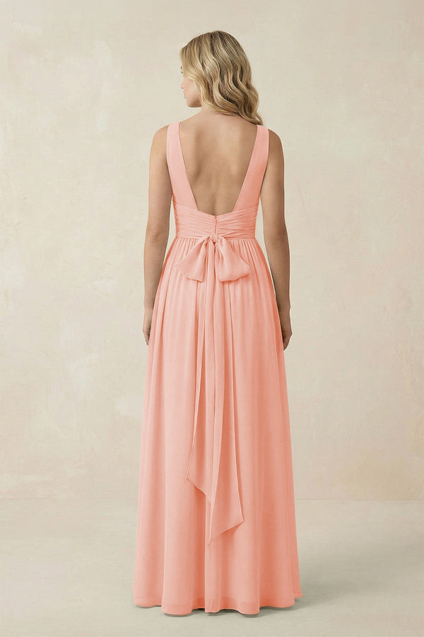 V - Neck A - Line Bridesmaid Dress with Back Bow in Rose Petal - KissProm Bridesmaid Dresses