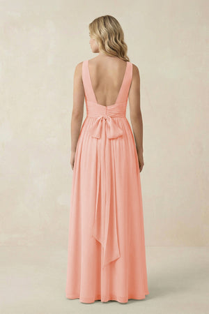 V - Neck A - Line Bridesmaid Dress with Back Bow in Rose Petal - KissProm Bridesmaid Dresses