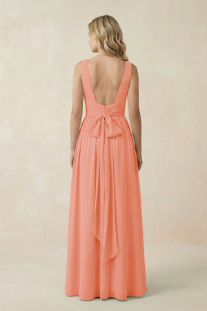 V - Neck A - Line Bridesmaid Dress with Back Bow in Rosette - KissProm Bridesmaid Dresses