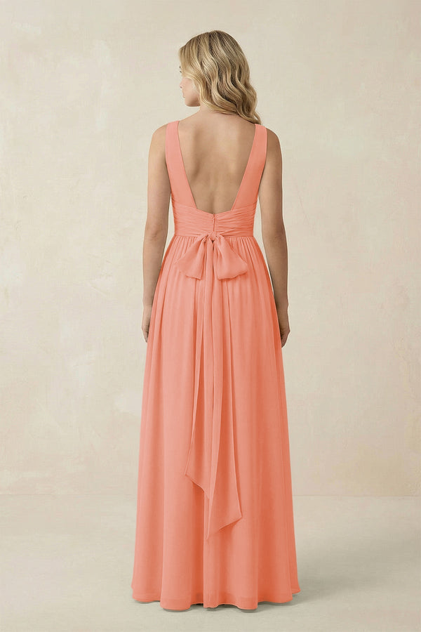 V - Neck A - Line Bridesmaid Dress with Back Bow in Rosette - KissProm Bridesmaid Dresses