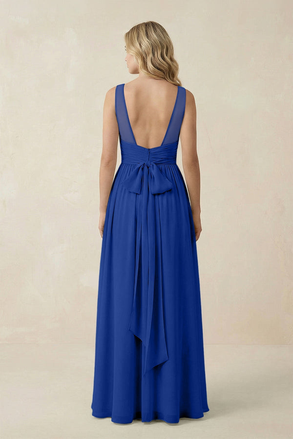 V - Neck A - Line Bridesmaid Dress with Back Bow in Royal Blue - KissProm Bridesmaid Dresses