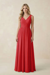 V - Neck A - Line Bridesmaid Dress with Back Bow in Ruby Red - KissProm Bridesmaid Dresses