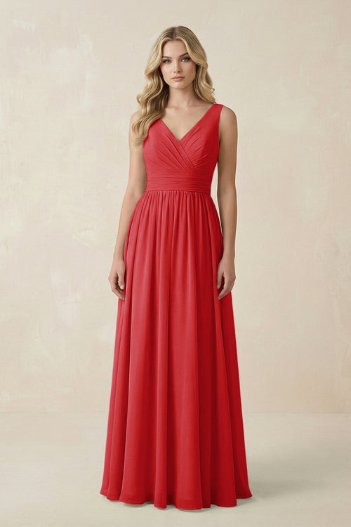 V - Neck A - Line Bridesmaid Dress with Back Bow in Ruby Red - KissProm Bridesmaid Dresses