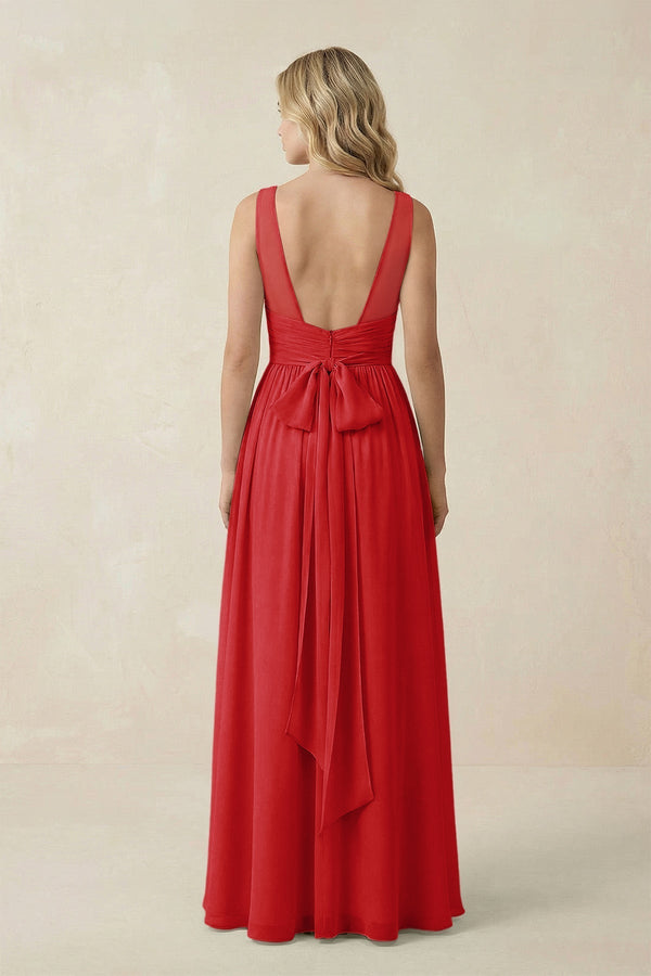 V - Neck A - Line Bridesmaid Dress with Back Bow in Ruby Red - KissProm Bridesmaid Dresses