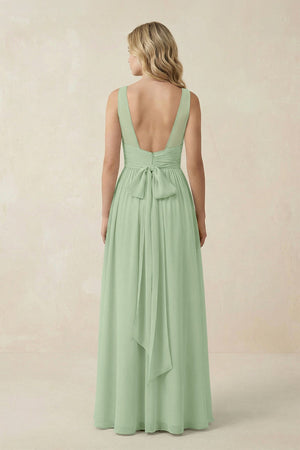 V - Neck A - Line Bridesmaid Dress with Back Bow in Sage - KissProm Bridesmaid Dresses