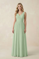 V - Neck A - Line Bridesmaid Dress with Back Bow in Sage - KissProm Bridesmaid Dresses