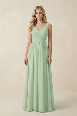 V - Neck A - Line Bridesmaid Dress with Back Bow in Sage - KissProm Bridesmaid Dresses