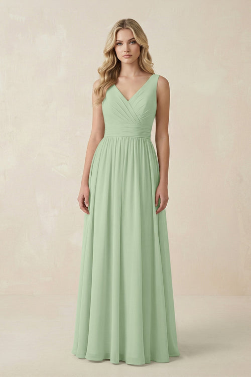 V - Neck A - Line Bridesmaid Dress with Back Bow in Sage - KissProm Bridesmaid Dresses