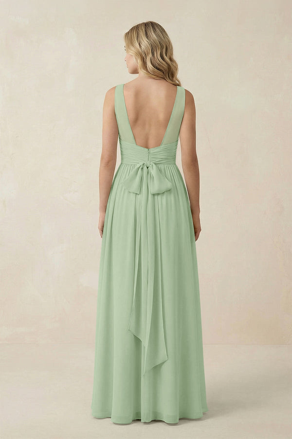 V - Neck A - Line Bridesmaid Dress with Back Bow in Sage - KissProm Bridesmaid Dresses