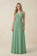 V - Neck A - Line Bridesmaid Dress with Back Bow in Sea Glass - KissProm Bridesmaid Dresses