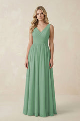 V - Neck A - Line Bridesmaid Dress with Back Bow in Sea Glass - KissProm Bridesmaid Dresses