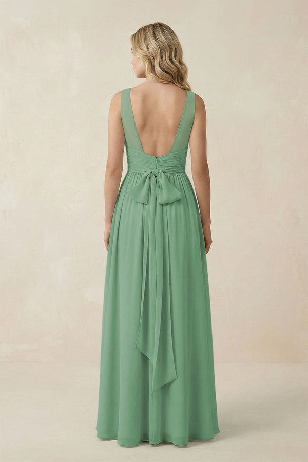 V - Neck A - Line Bridesmaid Dress with Back Bow in Sea Glass - KissProm Bridesmaid Dresses