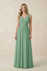 V - Neck A - Line Bridesmaid Dress with Back Bow in Sea Glass - KissProm Bridesmaid Dresses