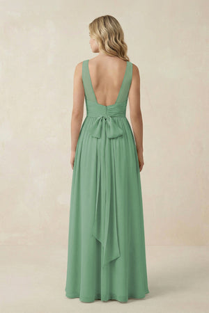 V - Neck A - Line Bridesmaid Dress with Back Bow in Sea Glass - KissProm Bridesmaid Dresses